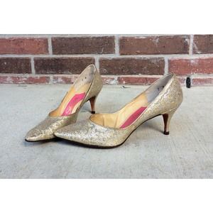 vintage 50s Elsa SCHIAPARELLI gold+silver glitter KITTEN HEELS 6.5 cocktail heel